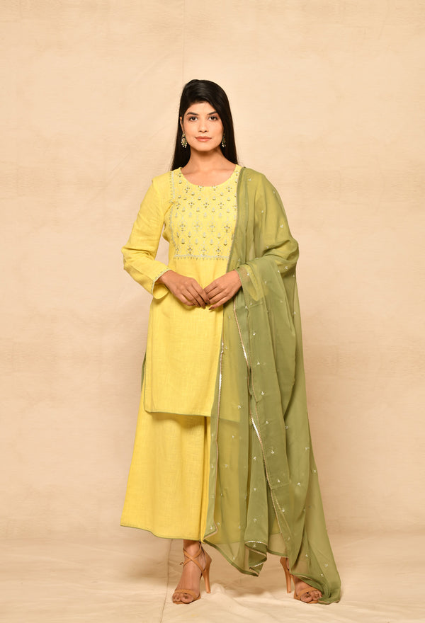 Lime Yellow Embroidery Short Kurta Set With Palazzo & Dupatta