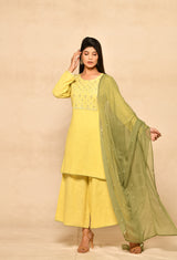 Lime Yellow Embroidery Short Kurta Set With Palazzo & Dupatta