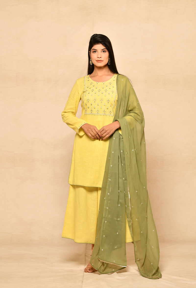 Lime Yellow Embroidery Short Kurta Set With Palazzo & Dupatta