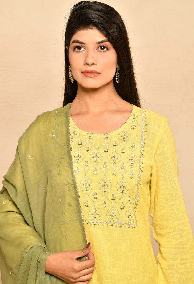 Lime Yellow Embroidery Short Kurta Set With Palazzo & Dupatta