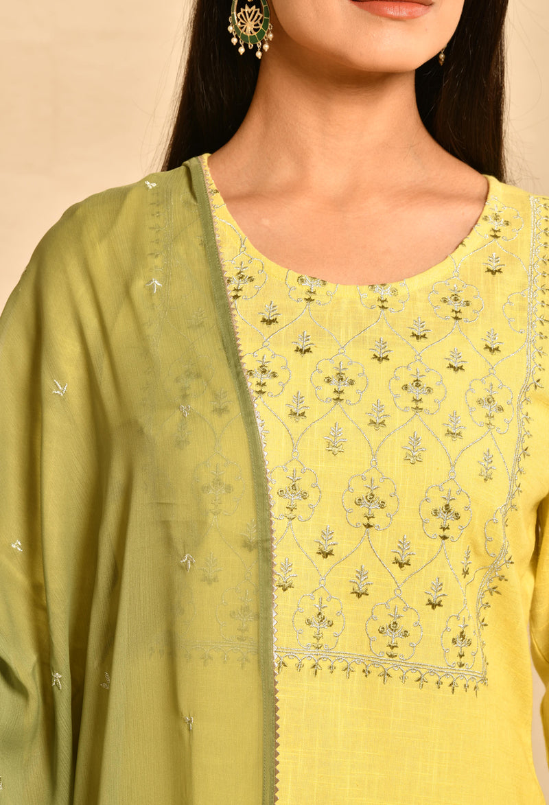 Lime Yellow Embroidery Short Kurta Set With Palazzo & Dupatta