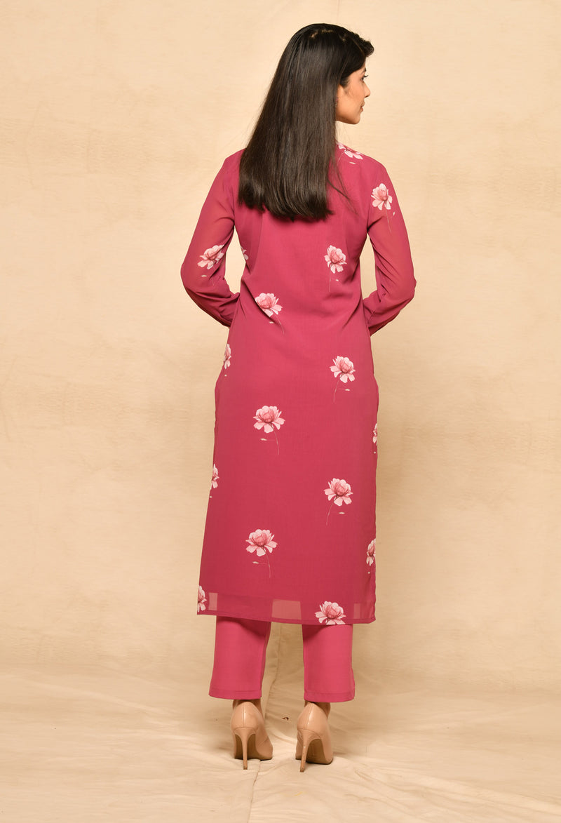 Pink Straight Kurta Set With Detail Prints