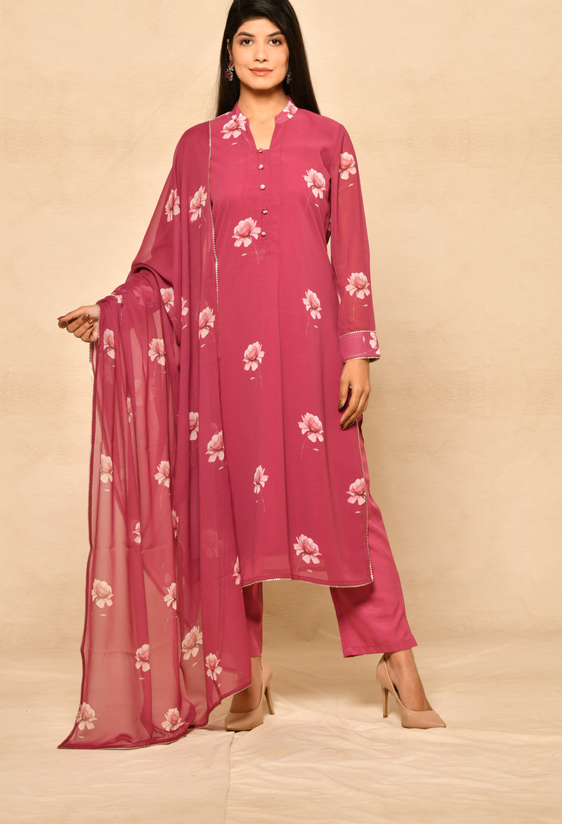 Pink Straight Kurta Set With Detail Prints