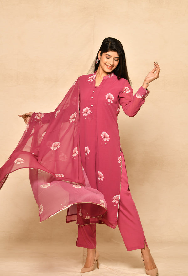 Pink Straight Kurta Set With Detail Prints