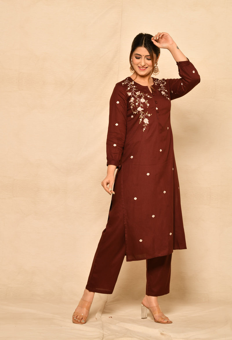 Wine Straight Kurta Set With Floral Embroidery Details