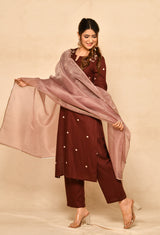 Wine Straight Kurta Set With Floral Embroidery Details