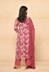 Pink Embroidery Printed Gathered Kurta Set