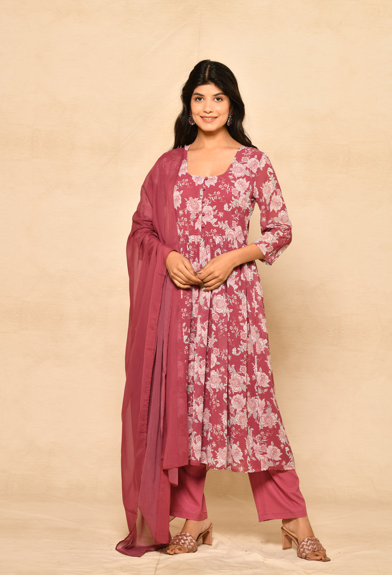 Pink Embroidery Printed Gathered Kurta Set