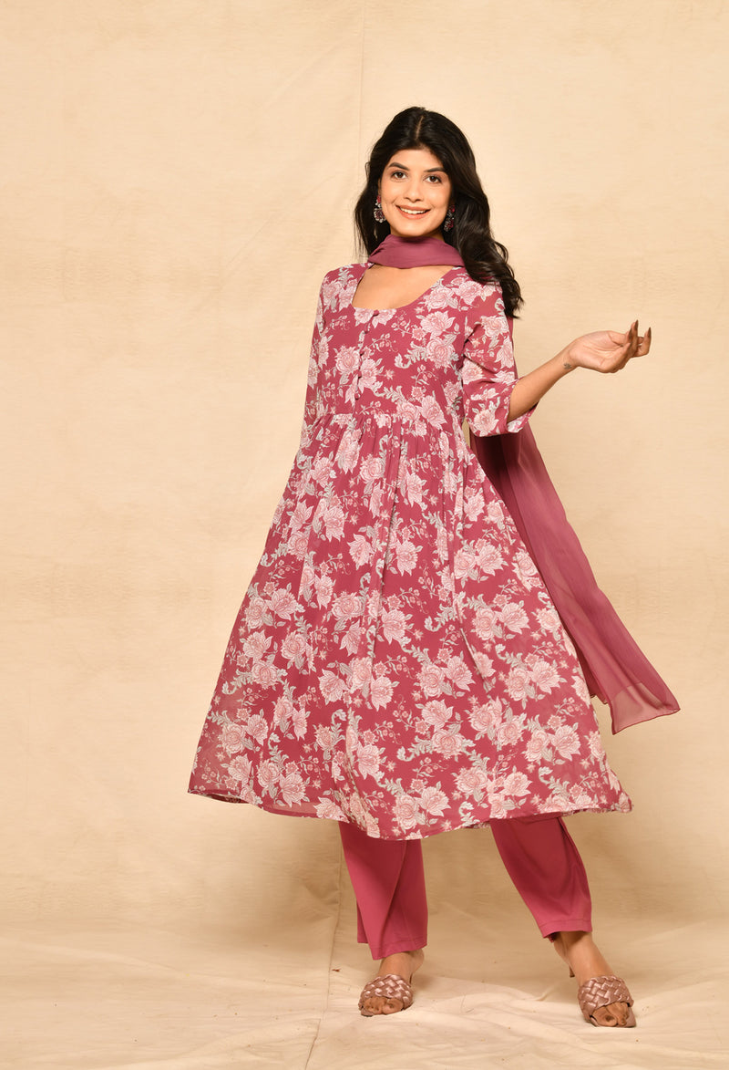 Pink Embroidery Printed Gathered Kurta Set