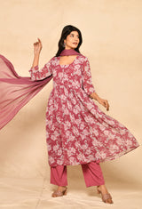 Pink Embroidery Printed Gathered Kurta Set