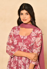 Pink Embroidery Printed Gathered Kurta Set