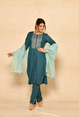 Teal Blue Straight Kurta Set With Yoke Embroidery