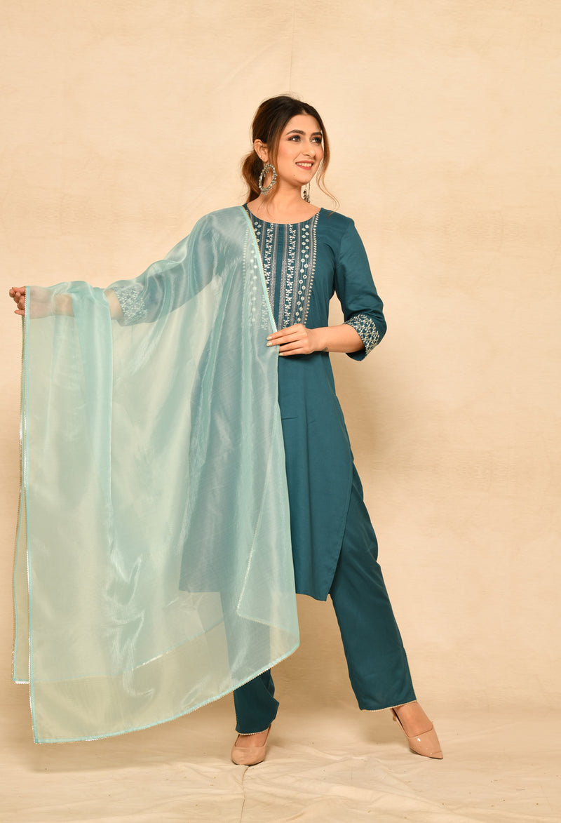 Teal Blue Straight Kurta Set With Yoke Embroidery