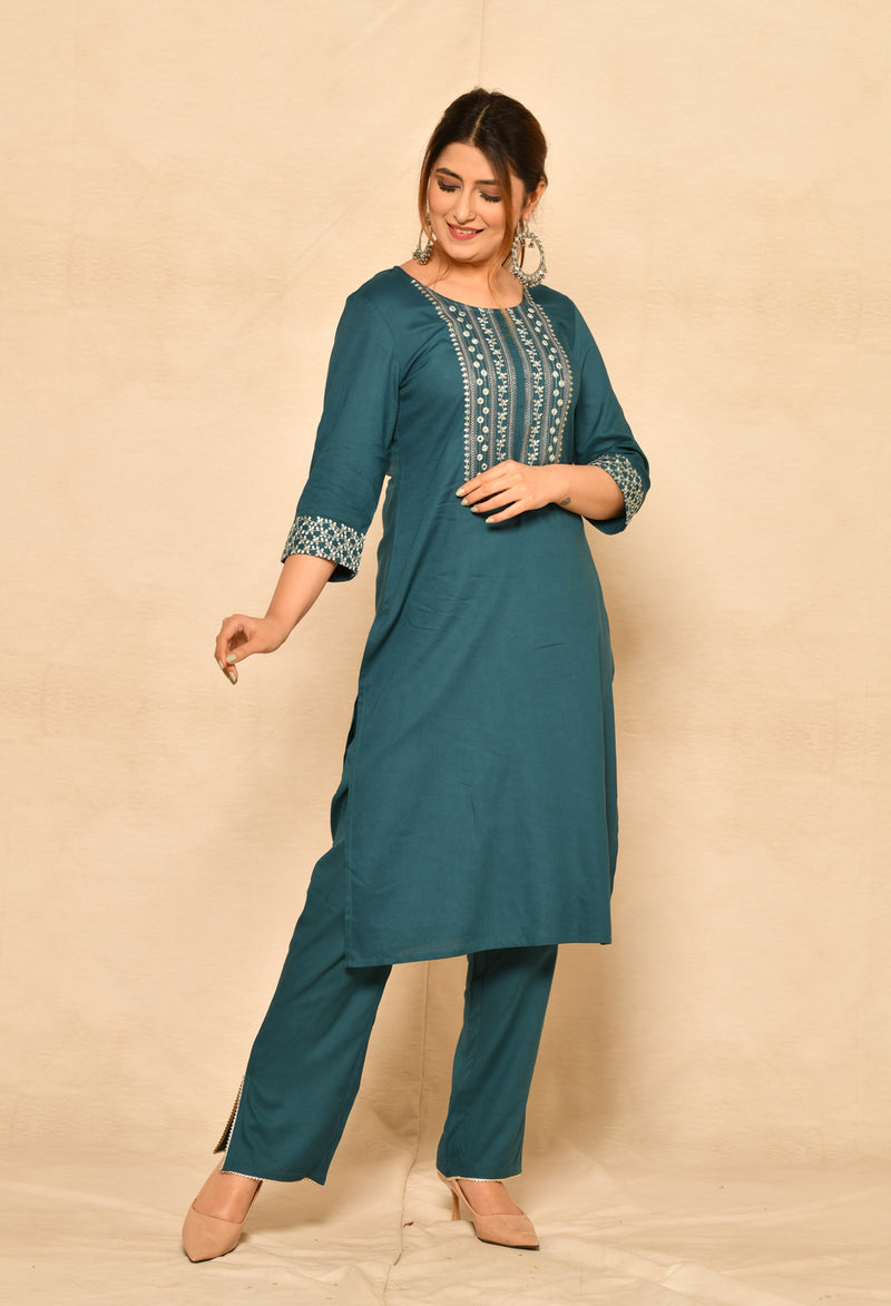 Teal Blue Straight Kurta Set With Yoke Embroidery