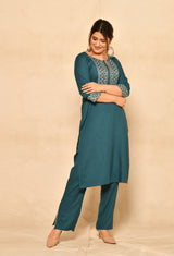 Teal Blue Straight Kurta Set With Yoke Embroidery