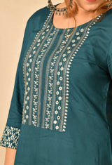 Teal Blue Straight Kurta Set With Yoke Embroidery