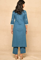 Blue Cotton Straight Kurta Set With Embroidery & Lacework