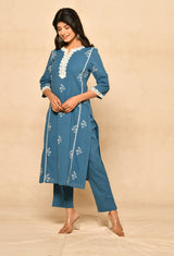 Blue Cotton Straight Kurta Set With Embroidery & Lacework