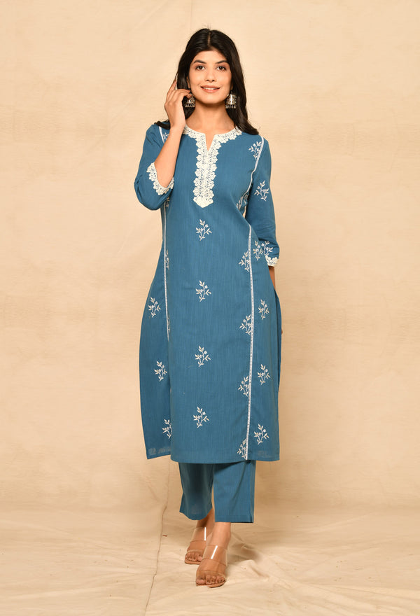 Blue Cotton Straight Kurta Set With Embroidery & Lacework