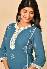 Blue Cotton Straight Kurta Set With Embroidery & Lacework