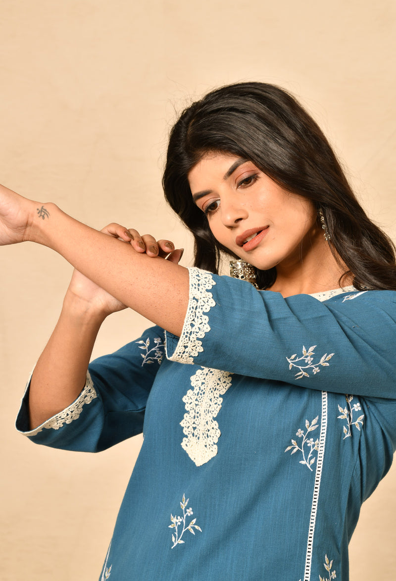 Blue Cotton Straight Kurta Set With Embroidery & Lacework