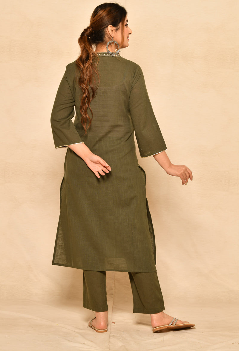 Olive Green Cotton Slub Straight Kurta Set With Embroidery