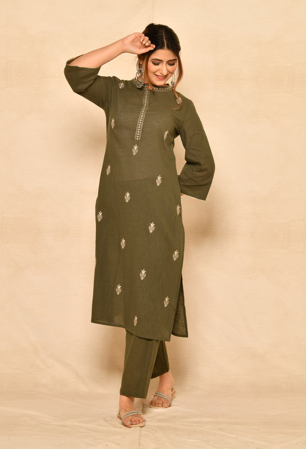 Olive Green Cotton Slub Straight Kurta Set With Embroidery