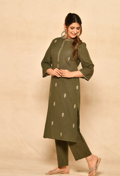 Olive Green Cotton Slub Straight Kurta Set With Embroidery