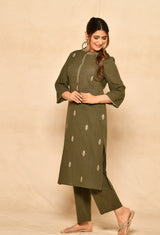 Olive Green Cotton Slub Straight Kurta Set With Embroidery