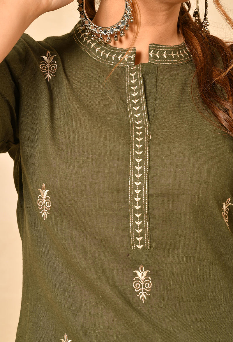 Olive Green Cotton Slub Straight Kurta Set With Embroidery