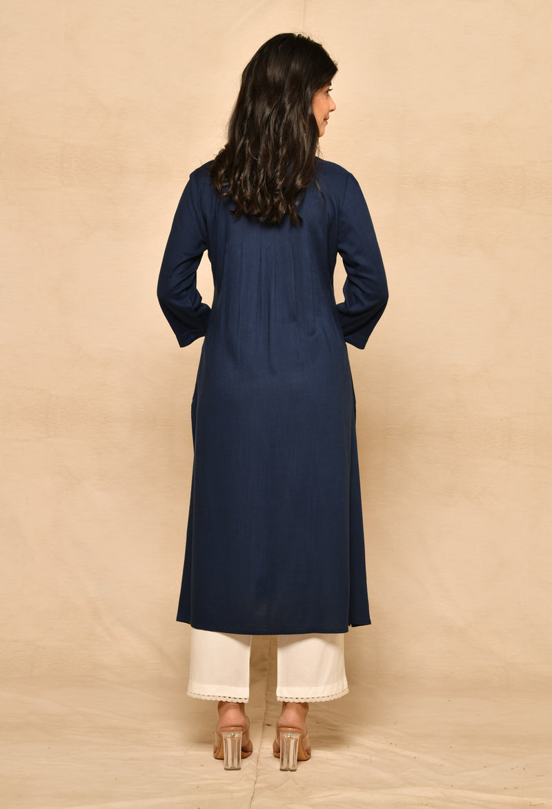 Navy Blue Pure Viscose Straight Kurta With Embroidery