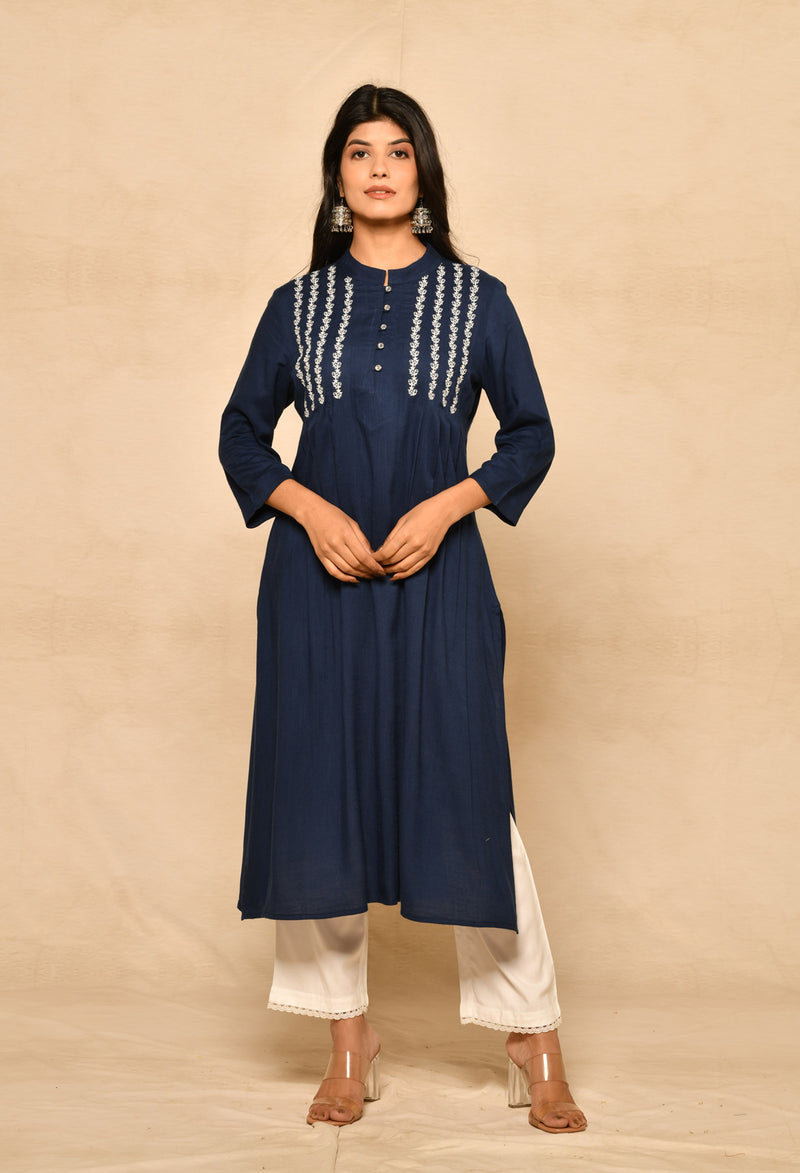 Navy Blue Pure Viscose Straight Kurta With Embroidery