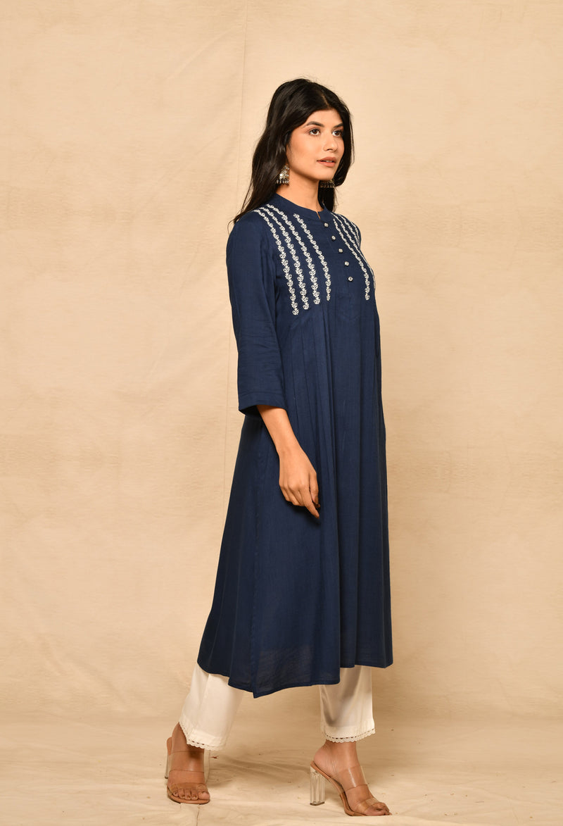 Navy Blue Pure Viscose Straight Kurta With Embroidery