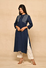 Navy Blue Pure Viscose Straight Kurta With Embroidery