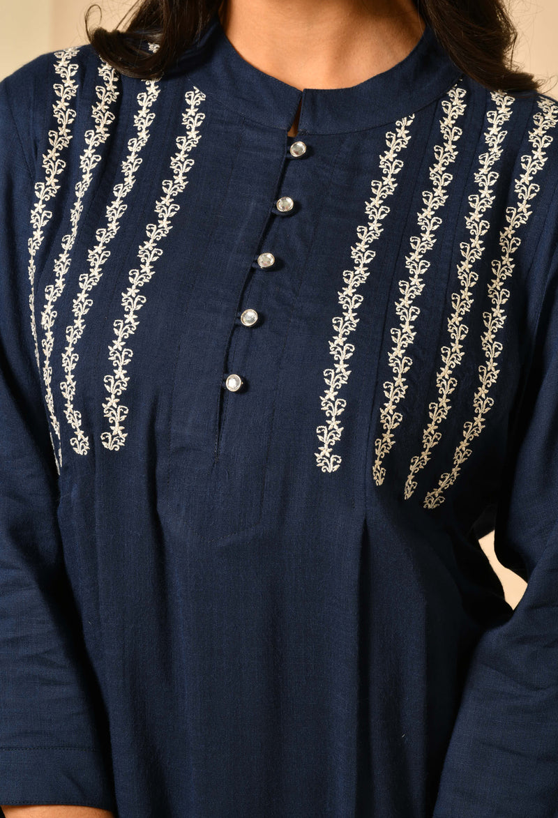 Navy Blue Pure Viscose Straight Kurta With Embroidery