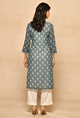 Viscose Dark Blue Straight Kurta Set With Print And Embroidery