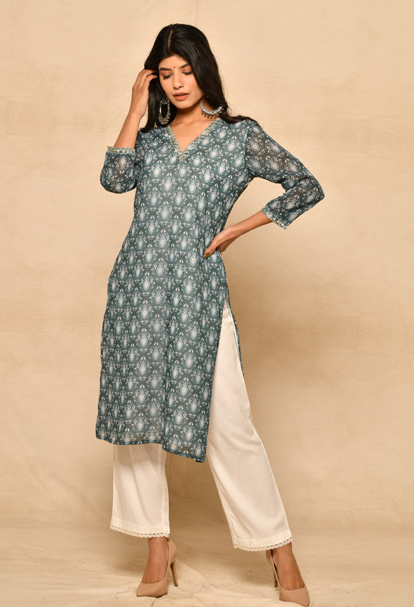 Viscose Dark Blue Straight Kurta Set With Print And Embroidery