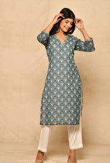 Viscose Dark Blue Straight Kurta Set With Print And Embroidery