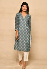 Viscose Dark Blue Straight Kurta Set With Print And Embroidery