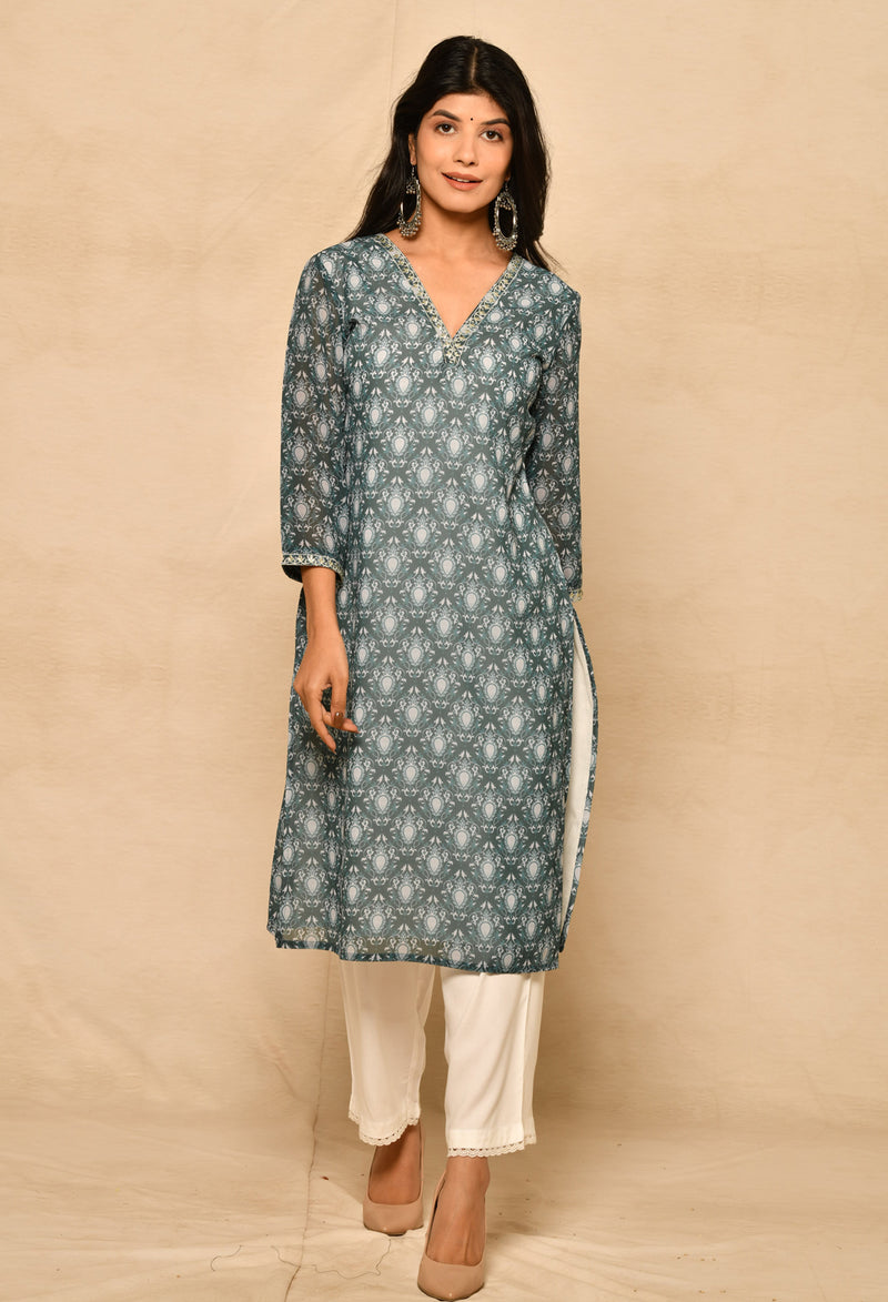 Viscose Dark Blue Straight Kurta Set With Print And Embroidery