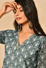 Viscose Dark Blue Straight Kurta Set With Print And Embroidery