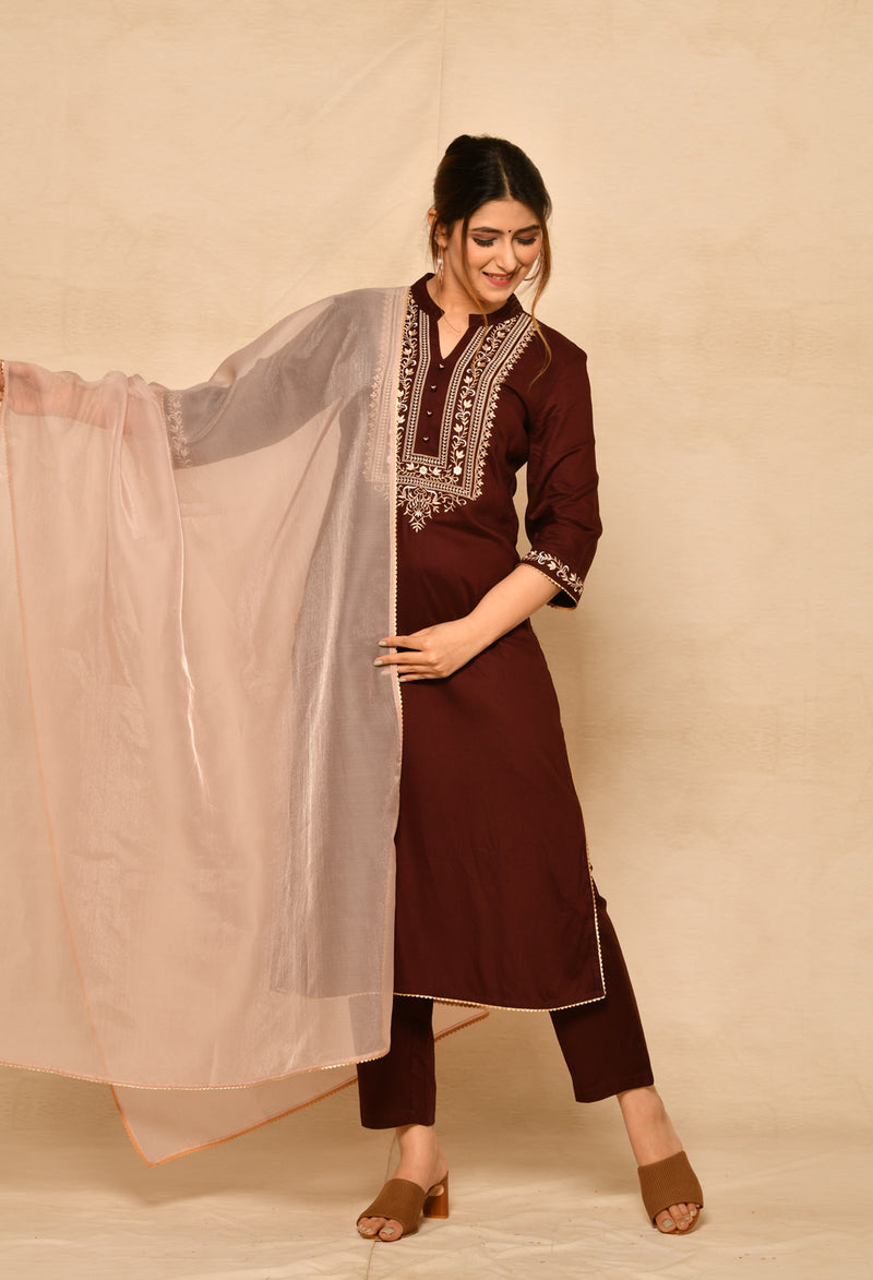 Wine Viscose Straight Kurta Set With Yoke Embroidery.