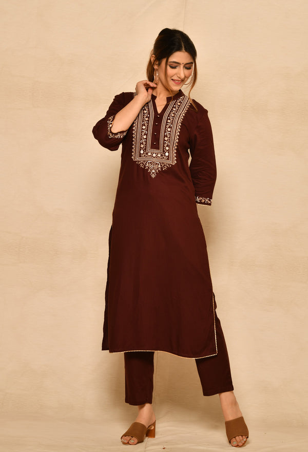 Wine Viscose Straight Kurta Set With Yoke Embroidery.