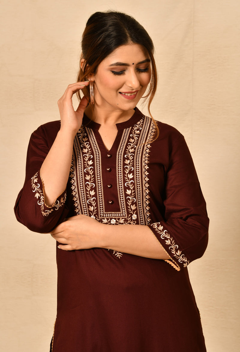 Wine Viscose Straight Kurta Set With Yoke Embroidery.