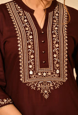 Wine Viscose Straight Kurta Set With Yoke Embroidery.