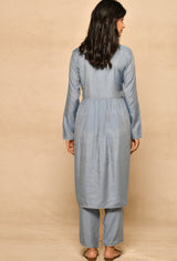 Blue Cotton Silk Gathered Kurta Set With Yoke Embroidery