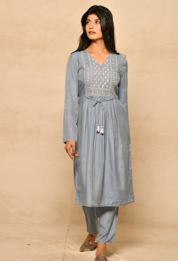 Blue Cotton Silk Gathered Kurta Set With Yoke Embroidery