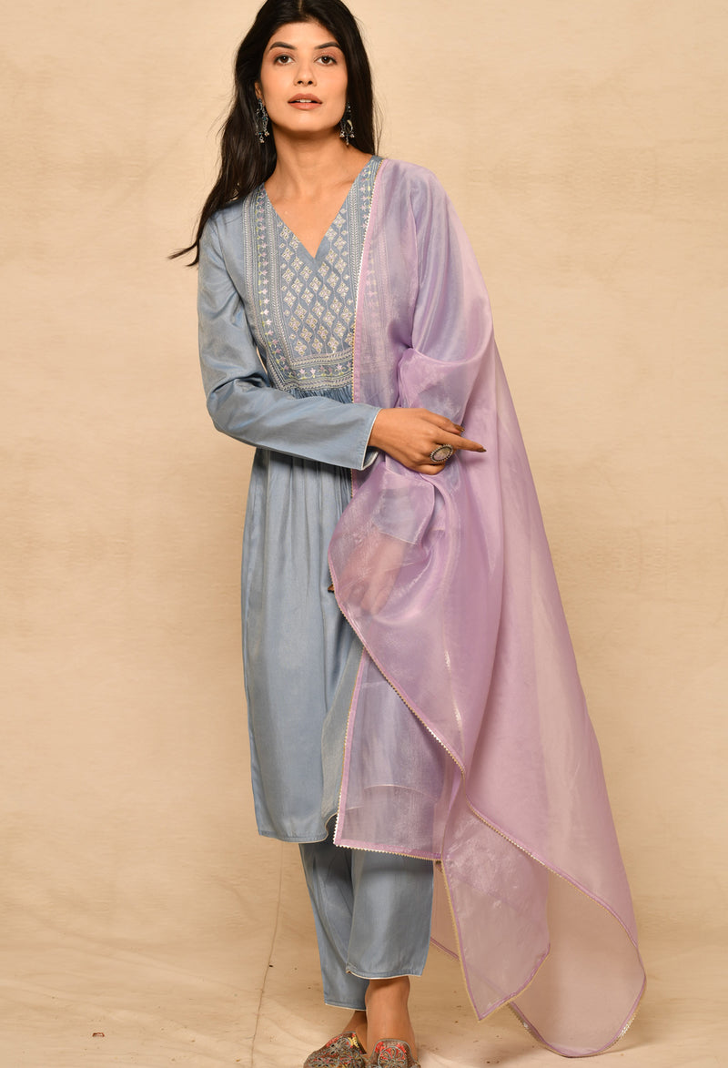 Blue Cotton Silk Gathered Kurta Set With Yoke Embroidery