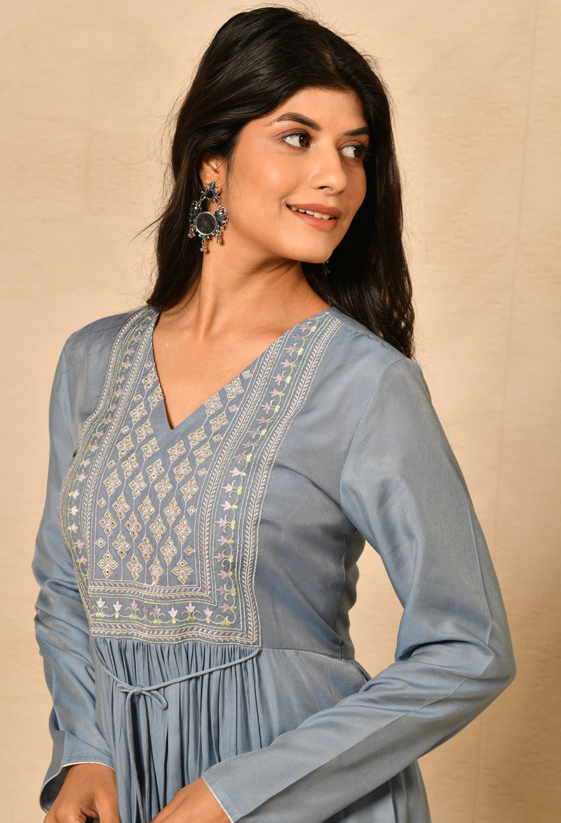 Blue Cotton Silk Gathered Kurta Set With Yoke Embroidery