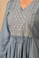 Blue Cotton Silk Gathered Kurta Set With Yoke Embroidery